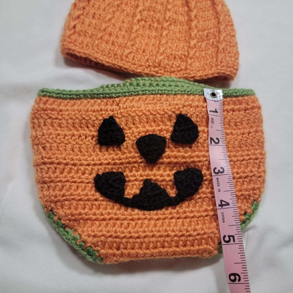 Halloween Pumpkin Crochet Baby Hat and Diaper Cover Set Size 0-6 Months